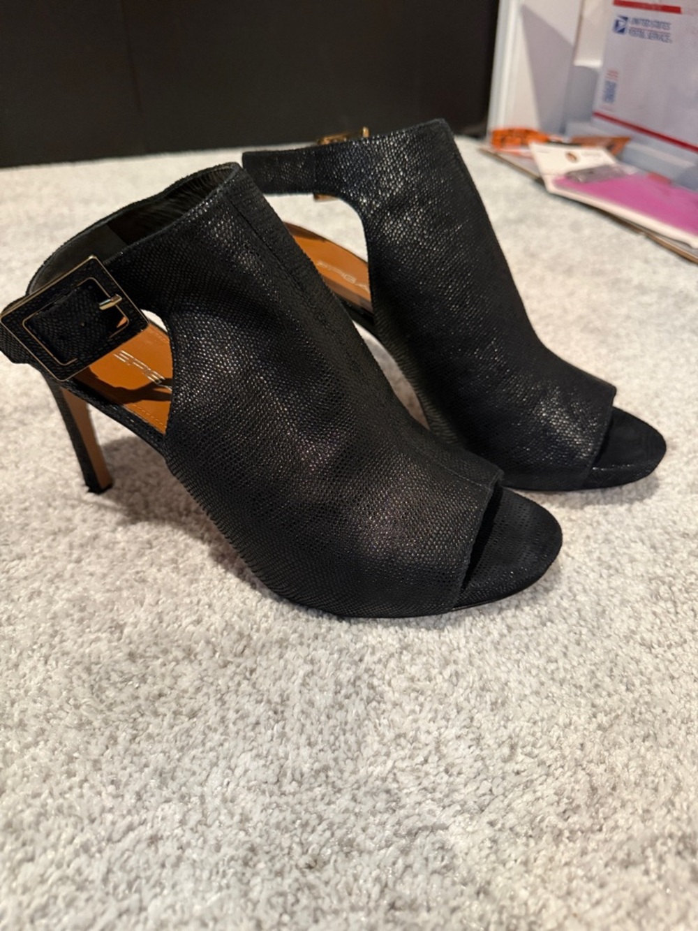 Via Spiga Black Textured Open-Toe Buckle Stiletto Booties
